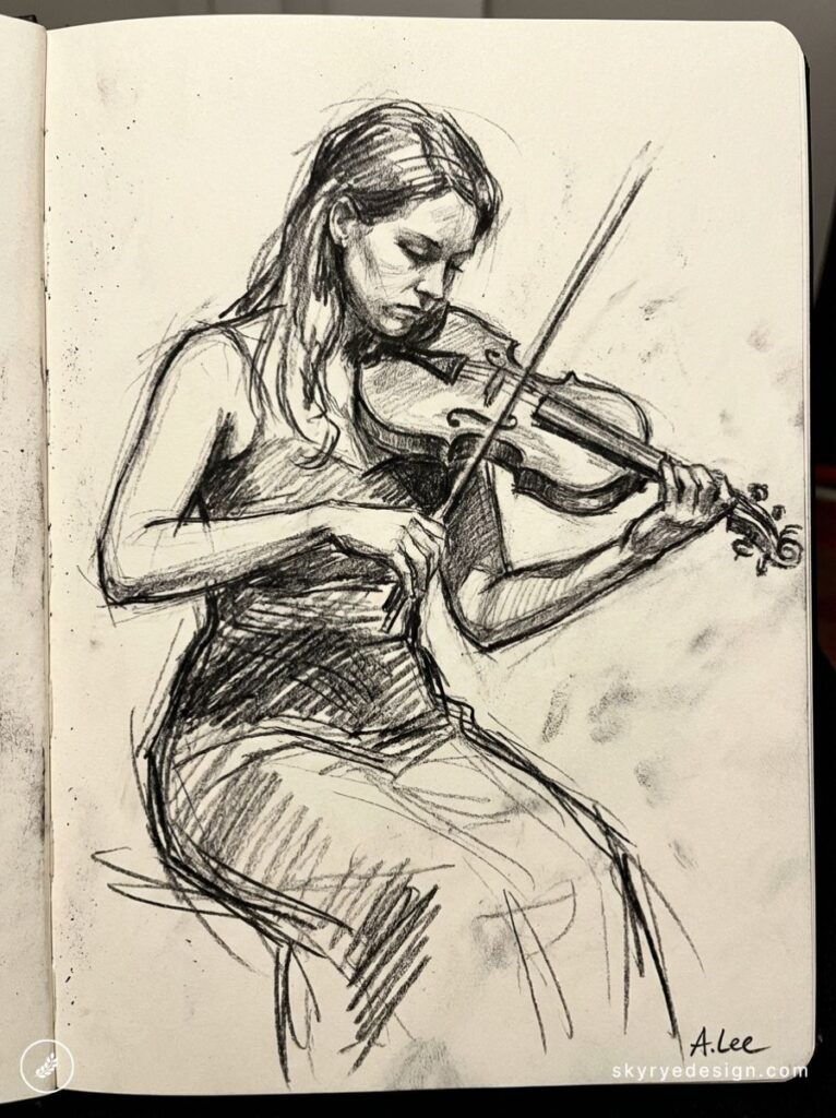 architecture-floor-plan 49 Violin sketch: charcoal drawing of a seated woman playing violin in a sketchbook, expressive gesture | Sky Rye Design Violin sketch: charcoal drawing of a seated woman playing violin in a sketchbook, expressive gesture