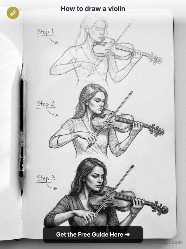 tutorial-woman-with-violin How to draw a violin: three pencil sketch stages of a woman playing violin, from rough outline to detailed realism | Sky Rye Design How to draw a violin: three pencil sketch stages of a woman playing violin, from rough outline to detailed realism