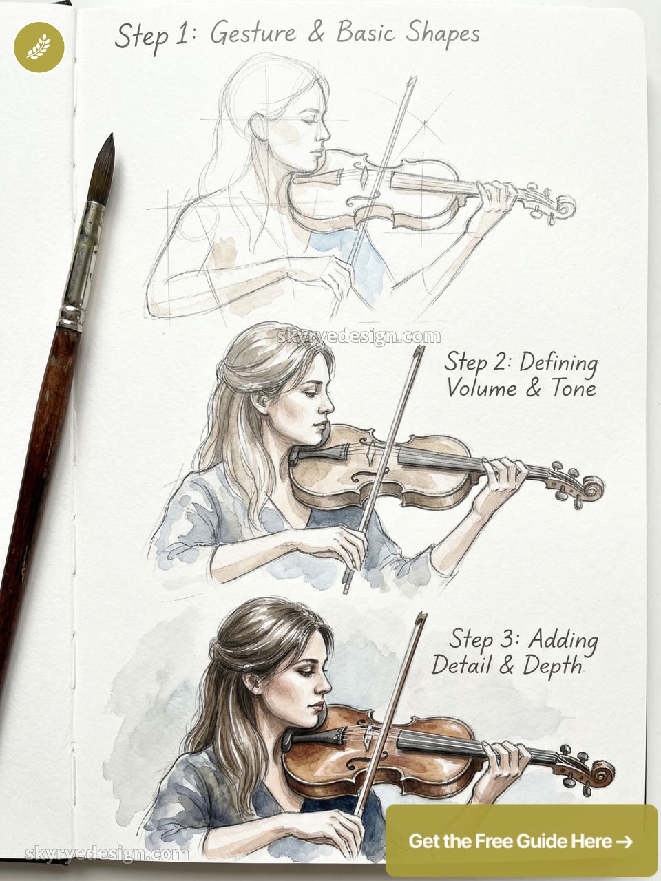 how-to-draw-additional-content 59 Step-by-step watercolor violin drawing tutorial showing gesture, volume & tone, and adding detail of a woman playing. | Sky Rye Design Step-by-step watercolor violin drawing tutorial showing gesture, volume & tone, and adding detail of a woman playing.