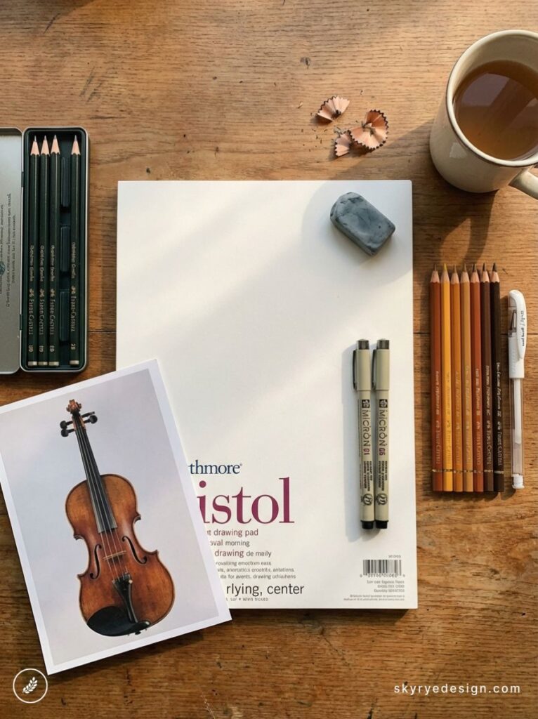 architecture-floor-plan 48 Top-down workspace: Bristol pad, graphite pencils, Micron pens, kneaded eraser, violin photo reference and coffee | Sky Rye Design Top-down workspace: Bristol pad, graphite pencils, Micron pens, kneaded eraser, violin photo reference and coffee