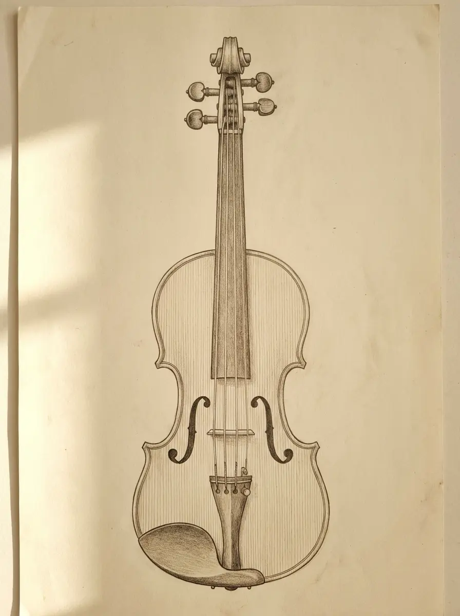 c1bcaa72-e1ea-4f72-bcbe-e50d42f8bbd6 Hand-drawn pencil sketch of a classical violin on aged paper, front view showing strings, f-holes and chinrest. | Sky Rye Design Hand-drawn pencil sketch of a classical violin on aged paper, front view showing strings, f-holes and chinrest.