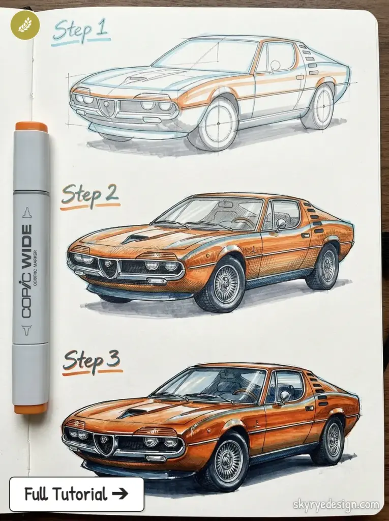 Copic marker step-by-step tutorial: orange classic Alfa Romeo coupe drawn in three stages on sketchbook page