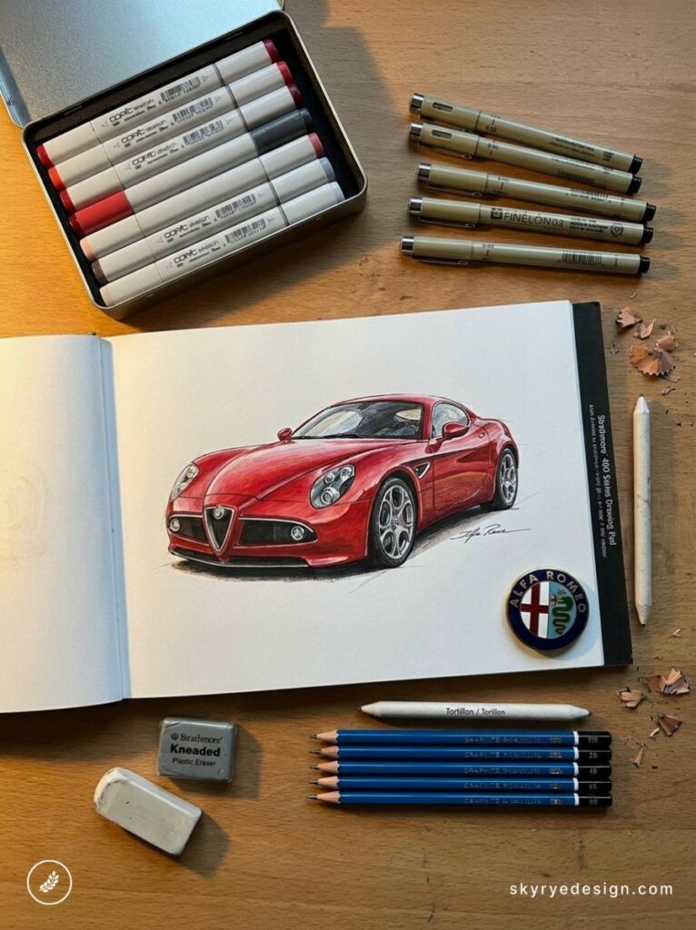 Red Alfa Romeo car sketch in open sketchbook with markers, fineliners, pencils and Alfa Romeo badge on wooden desk
