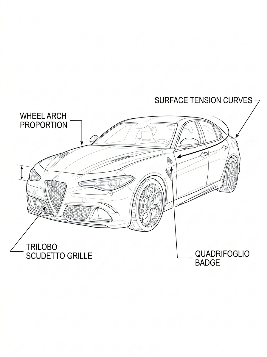 Alfa Romeo front three-quarter line drawing labeled: trilobo grille, wheel arch, surface curves, Quadrifoglio badge