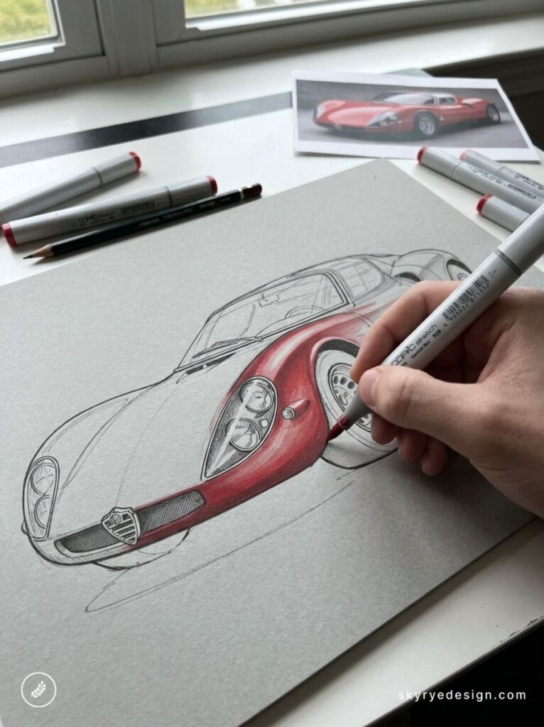 Hand coloring red sports car sketch with markers and pencils — automotive design illustration, car concept art