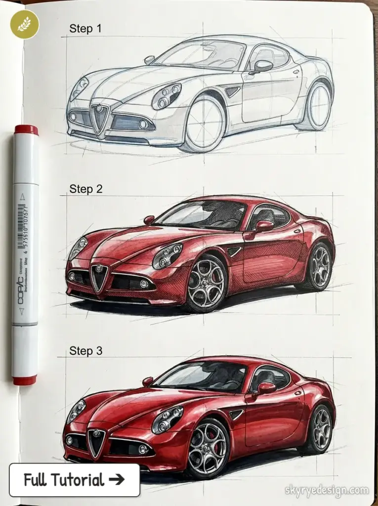 Three-step Alfa Romeo sports car sketches in a notebook: blue pencil outline, red shading, and a polished red final.