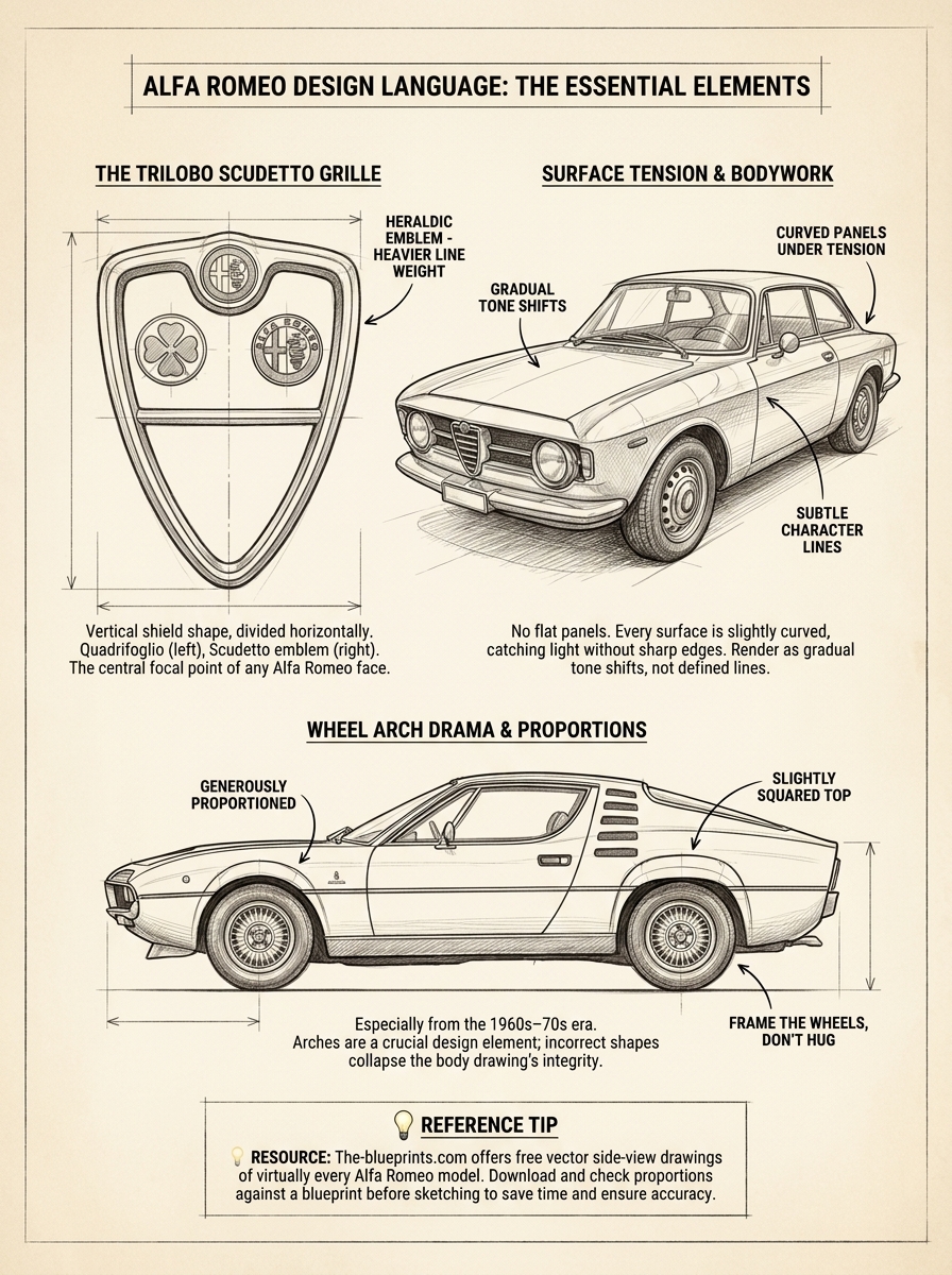 Infographic: Alfa Romeo design language with trilobo scudetto grille, annotated vintage car sketches and proportions.