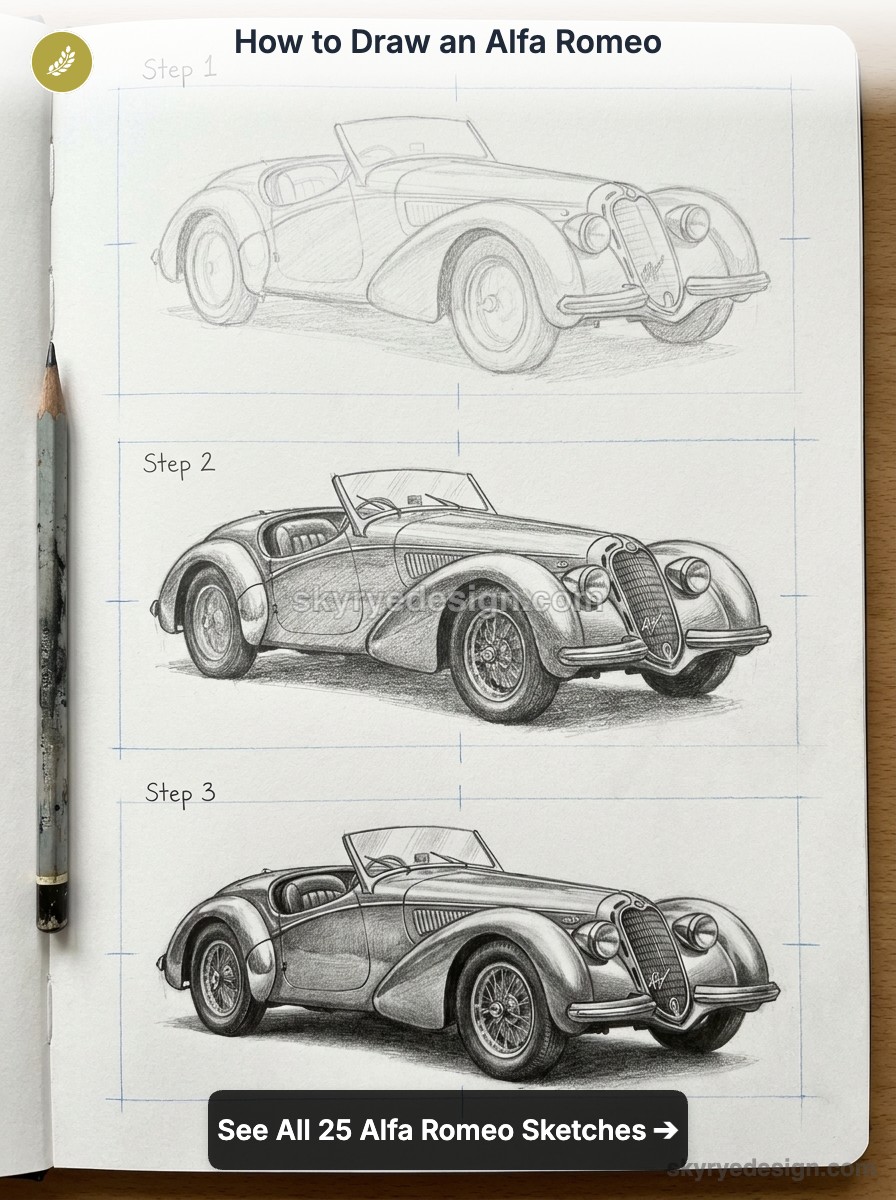How to draw an Alfa Romeo: step-by-step pencil sketch tutorial showing a vintage convertible in three stages on a sketchbook.