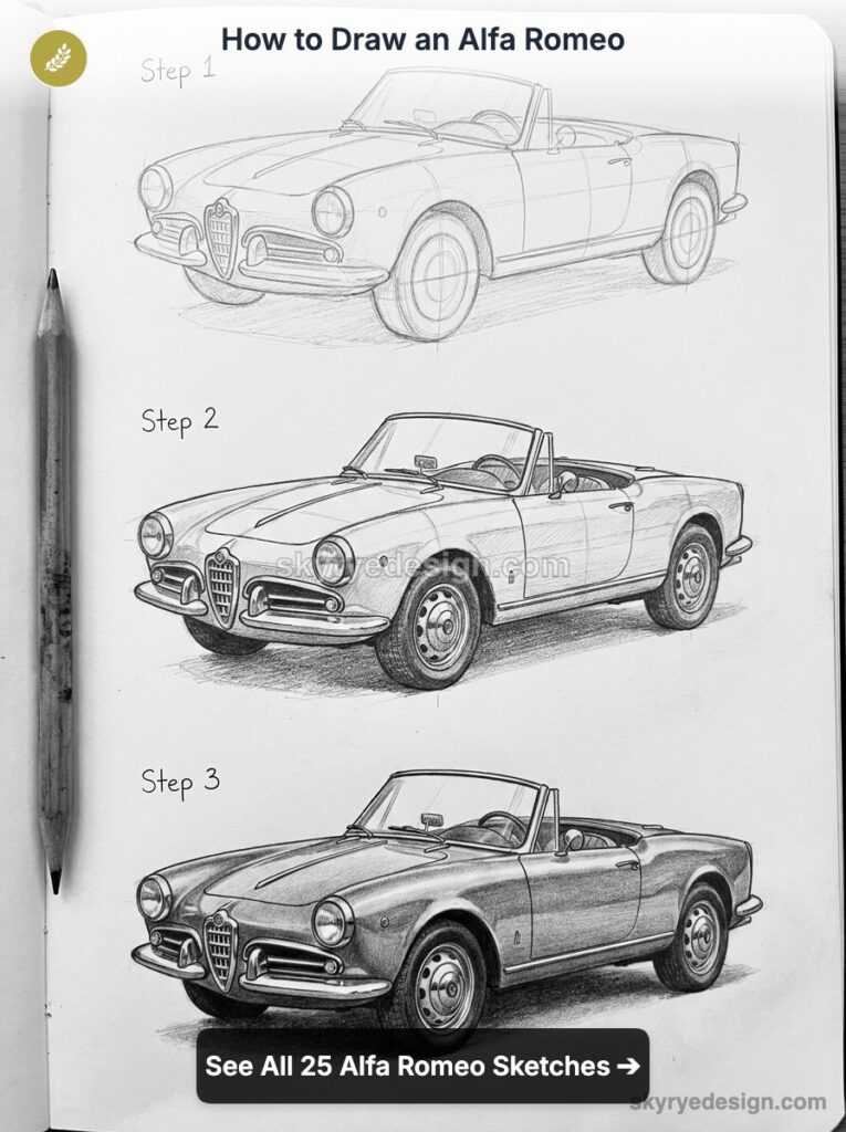 Page titled 'How to Draw an Alfa Romeo' showing three step-by-step pencil sketches of a classic Alfa Romeo convertible, with a pencil on the left and a bottom CTA reading 'See All 25 Alfa Romeo Sketches'.