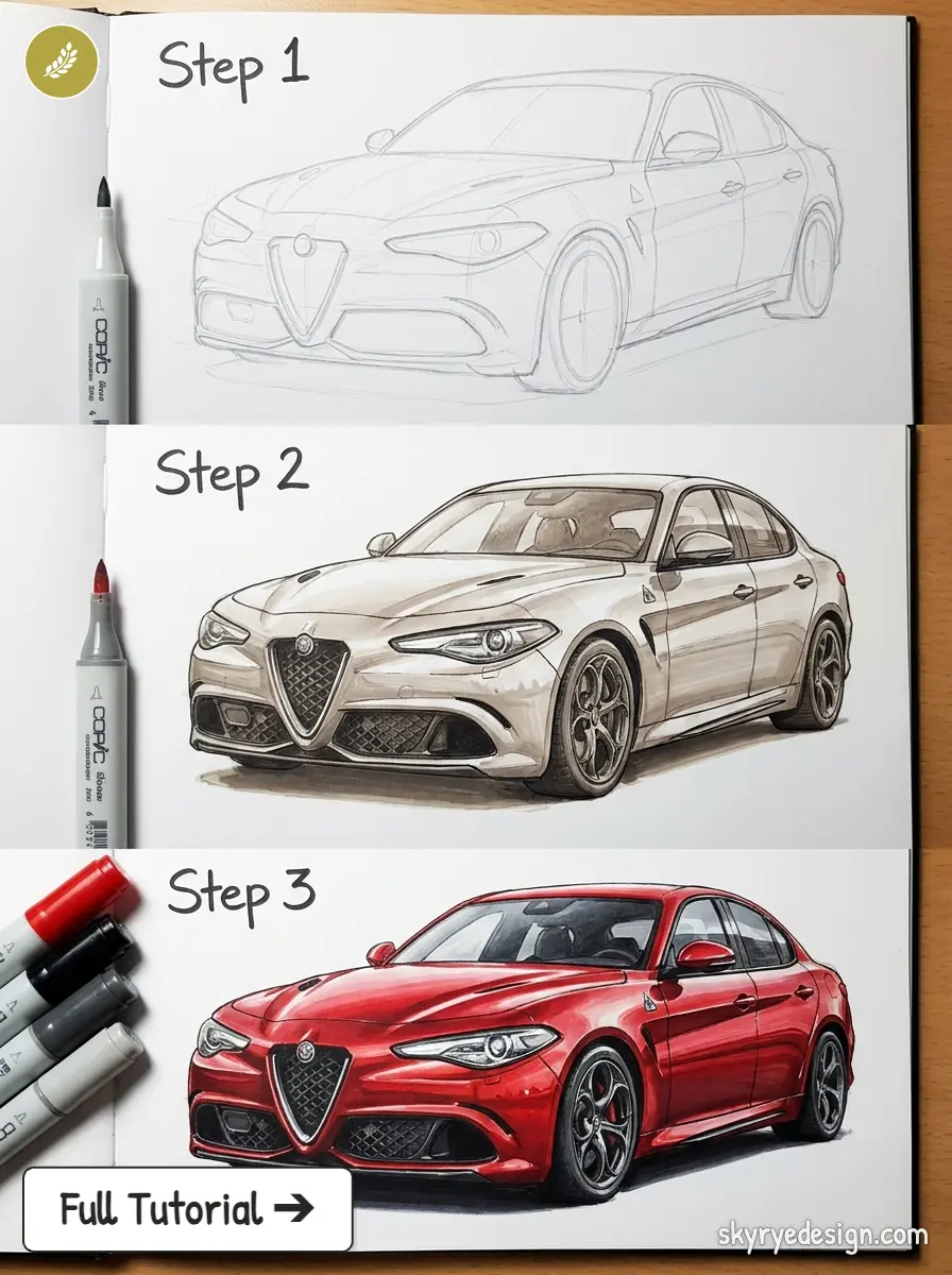 3-step car drawing tutorial: pencil sketch, shaded rendering, and finished red Alfa Romeo Giulia.