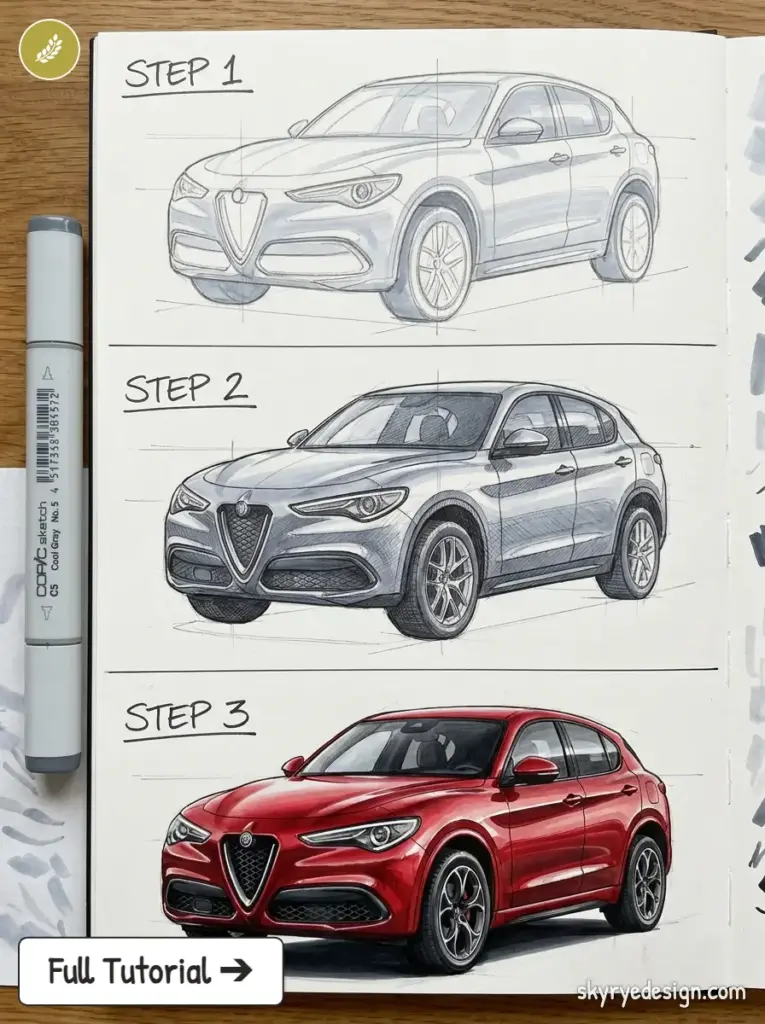 Car drawing tutorial: step-by-step sketch to colored red SUV in sketchbook.