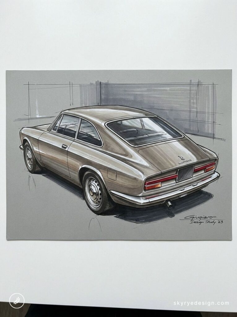 Retro 1960s coupe marker sketch, rear three-quarter view — vintage car design study signed Design Study '63