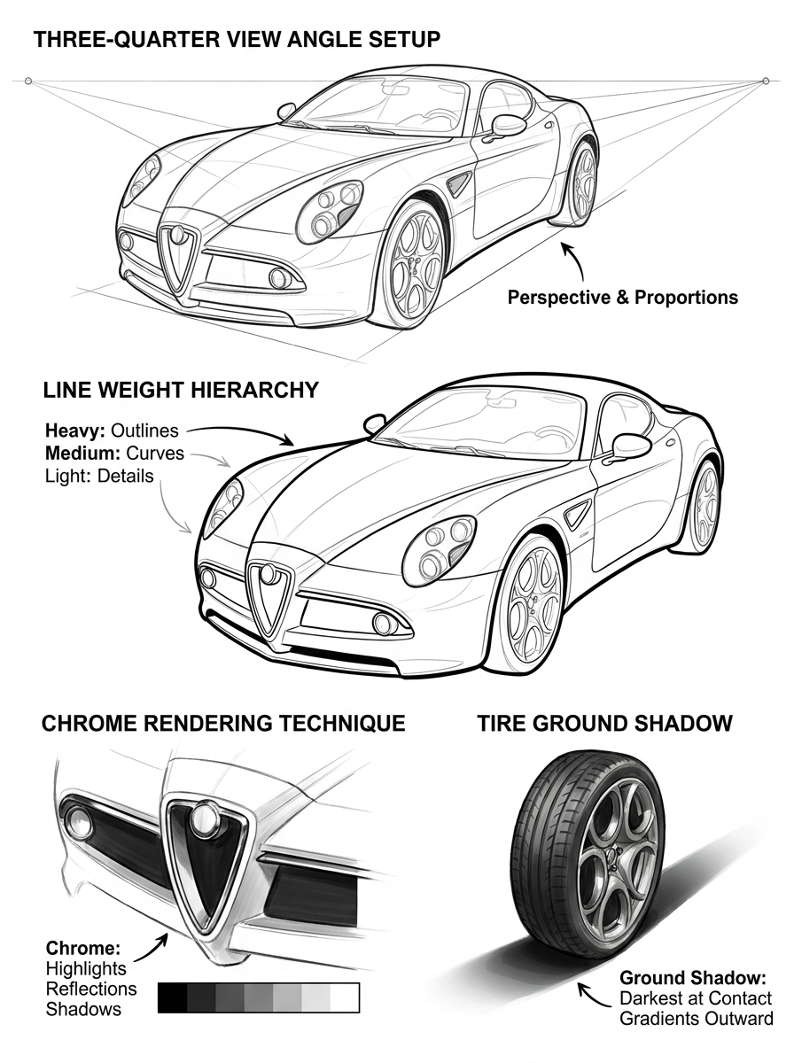 Car illustration tutorial: three-quarter perspective, line-weight hierarchy, chrome rendering and tire ground shadow tips