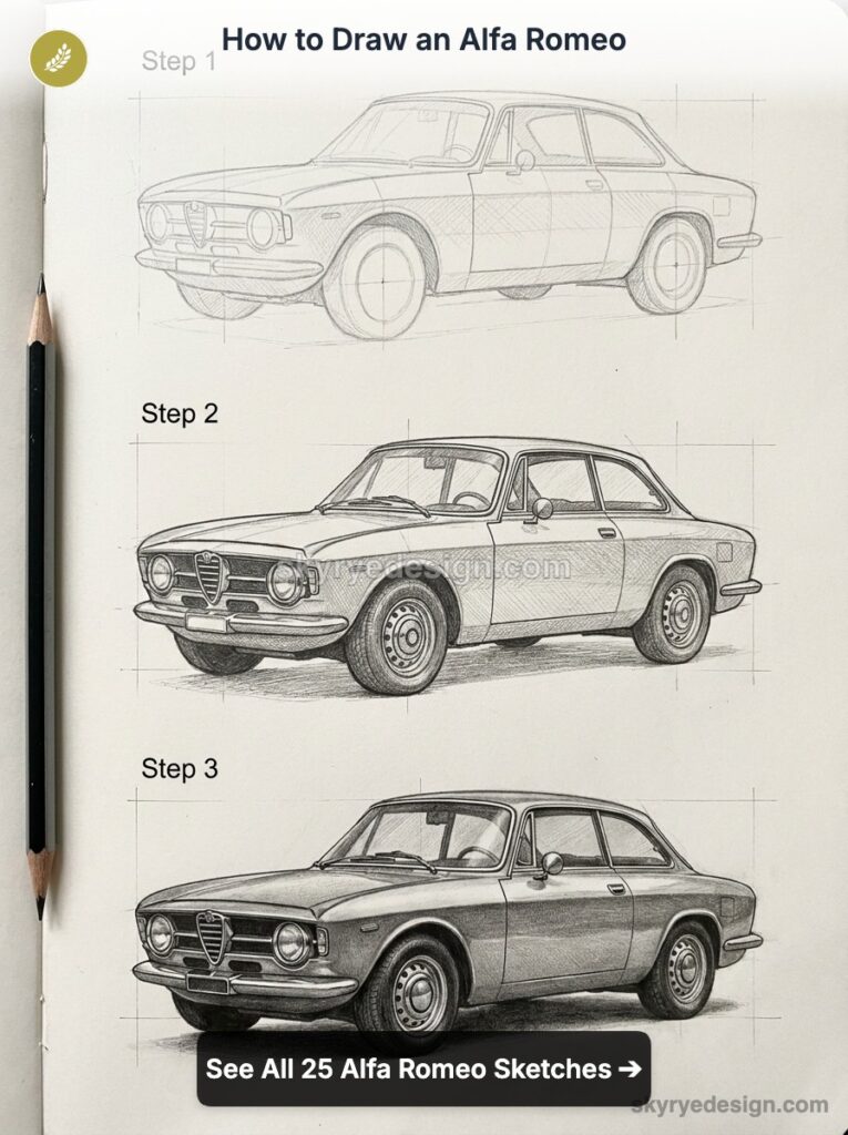 Three-step pencil tutorial: Alfa Romeo car sketches from basic outline to detailed shaded drawing.