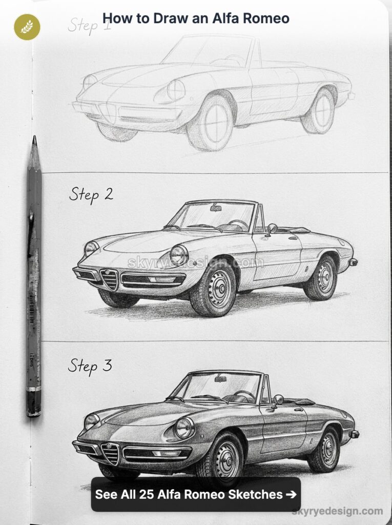 Three-step pencil drawing tutorial of an Alfa Romeo convertible sketched in a notebook with a pencil