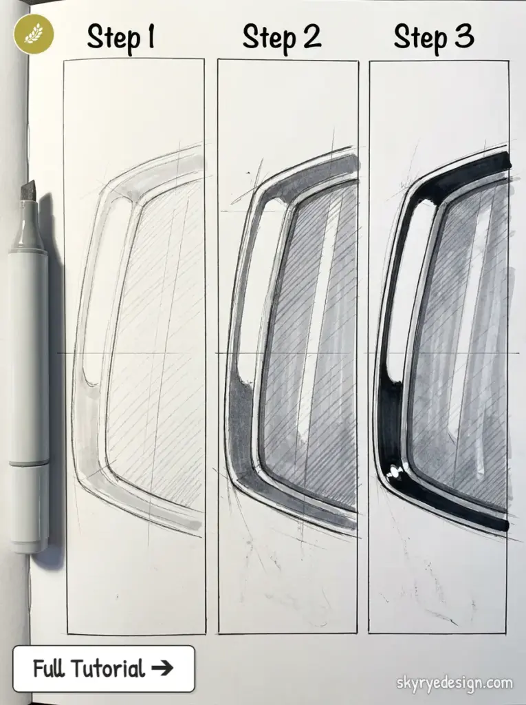 Three-step car window sketch tutorial with marker, showing progressive shading, highlights, and frame rendering.