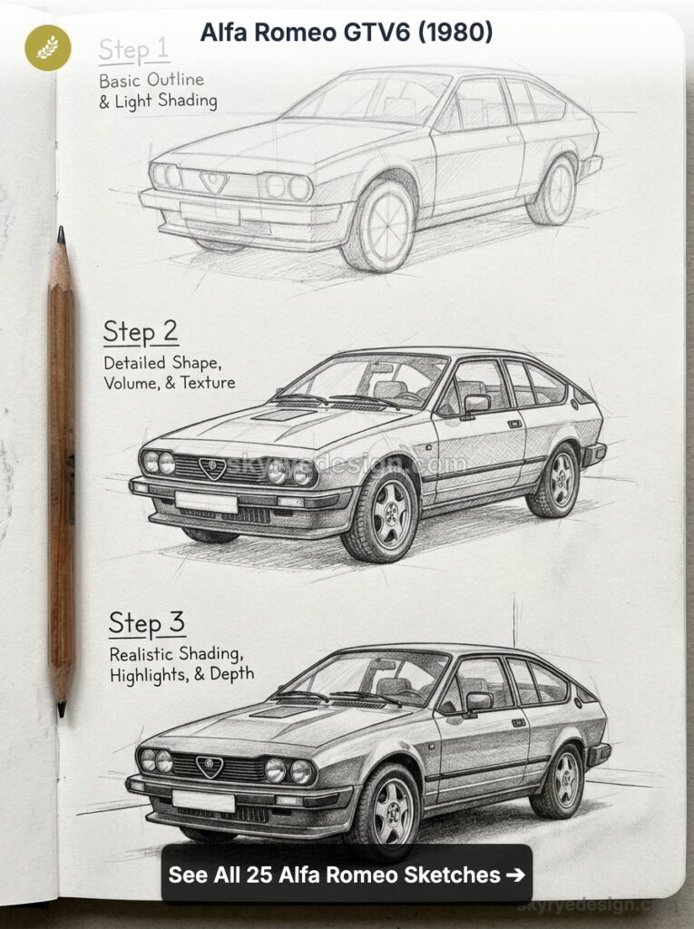 Alfa Romeo GTV6 (1980) pencil sketch tutorial showing step-by-step outline, detailed form, and realistic shading