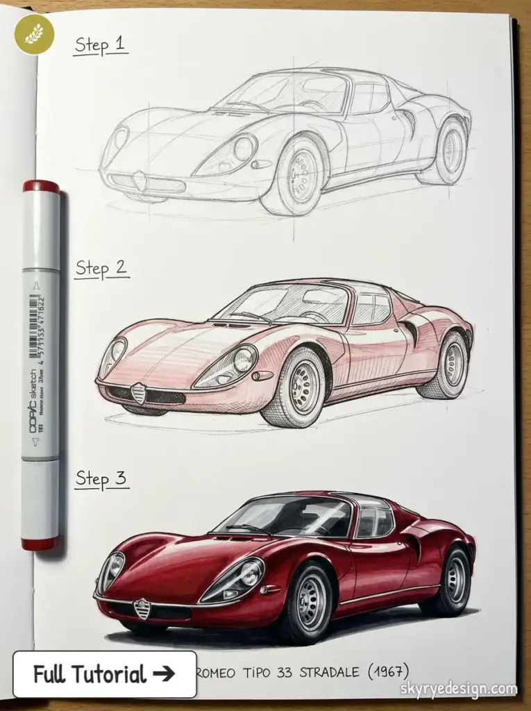 Alfa Romeo Tipo 33 Stradale drawing tutorial: 3-step progression from pencil sketch to finished colored marker render