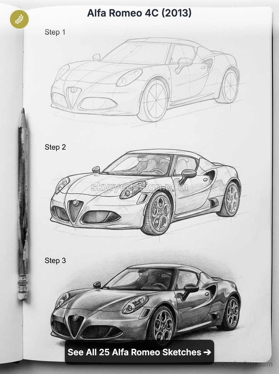 Alfa Romeo 4C (2013) step-by-step pencil sketch progression in sketchbook, three stages from outline to shaded rendering
