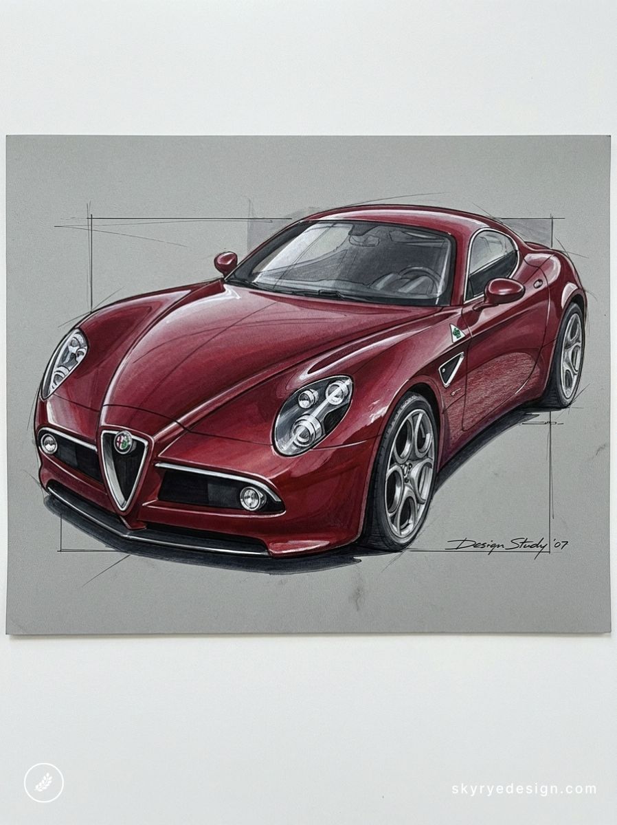 Red Alfa Romeo sports car concept sketch, front three-quarter view on gray background, sleek design study