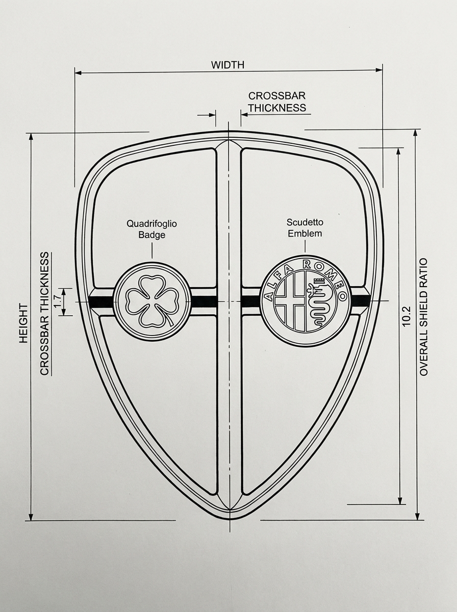 Technical blueprint of Alfa Romeo shield emblem showing Scudetto and Quadrifoglio badges, crossbar and dimension annotations