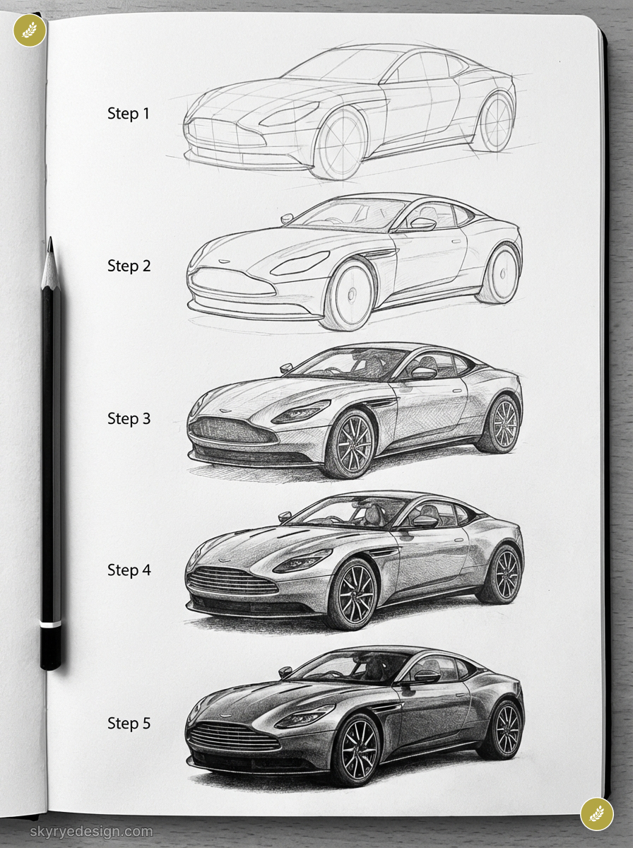 Five-step pencil drawing tutorial of a sports car, from basic outline to detailed realistic shaded rendering