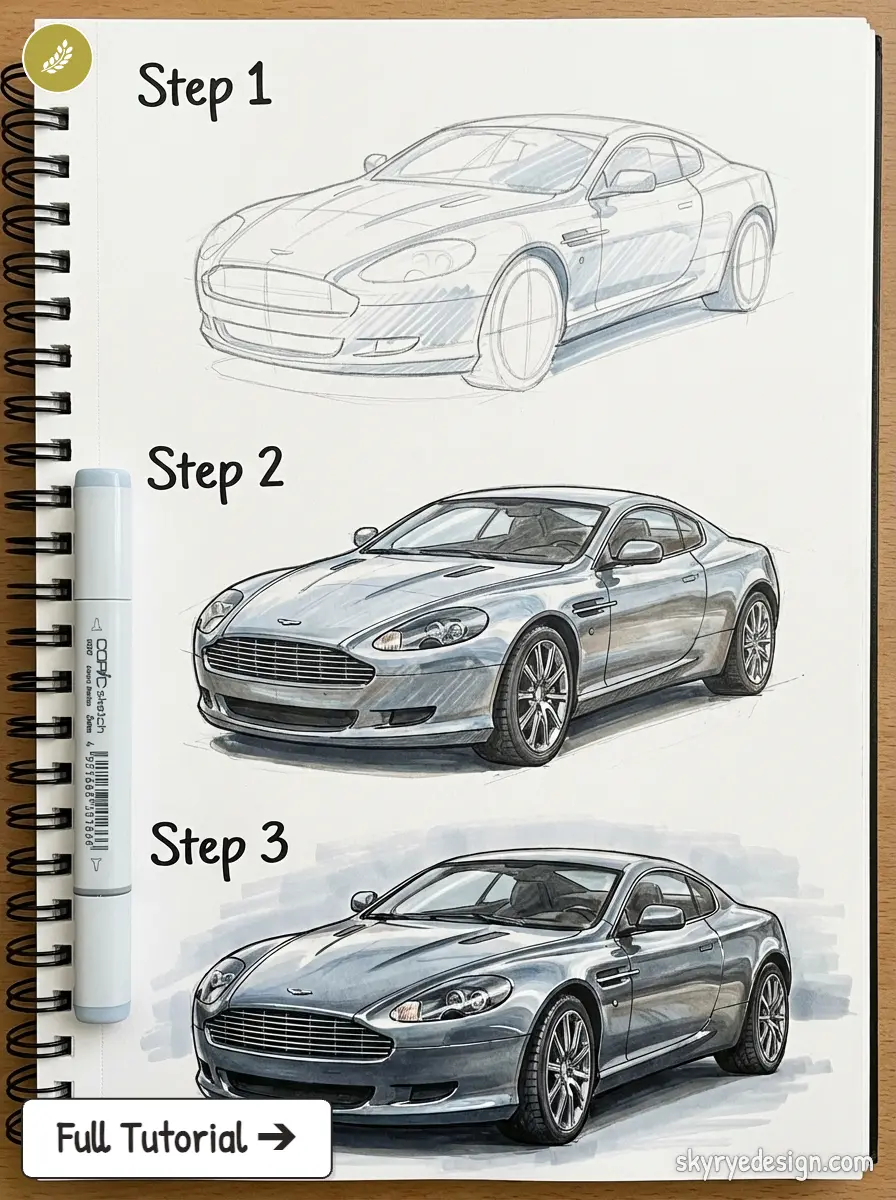 Car drawing tutorial: step-by-step pencil-to-marker rendering of a silver sports car on spiral sketchbook
