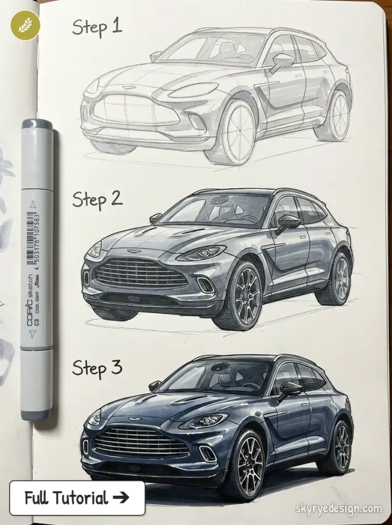 Car drawing tutorial: step-by-step luxury SUV sketch to finished marker rendering in three stages