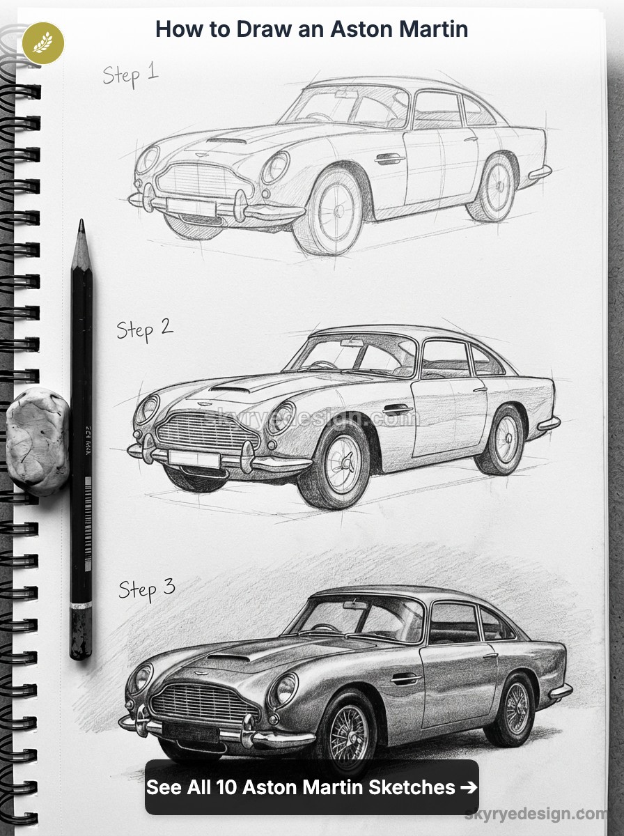 Three-step pencil sketch tutorial of a classic Aston Martin in a spiral sketchbook with pencil