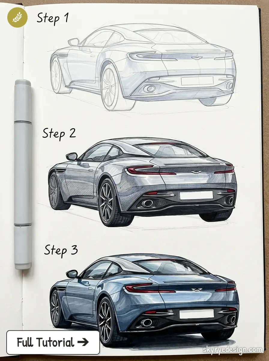 Step-by-step car drawing tutorial: pencil to marker rendering of a luxury sports coupe rear three-quarter view