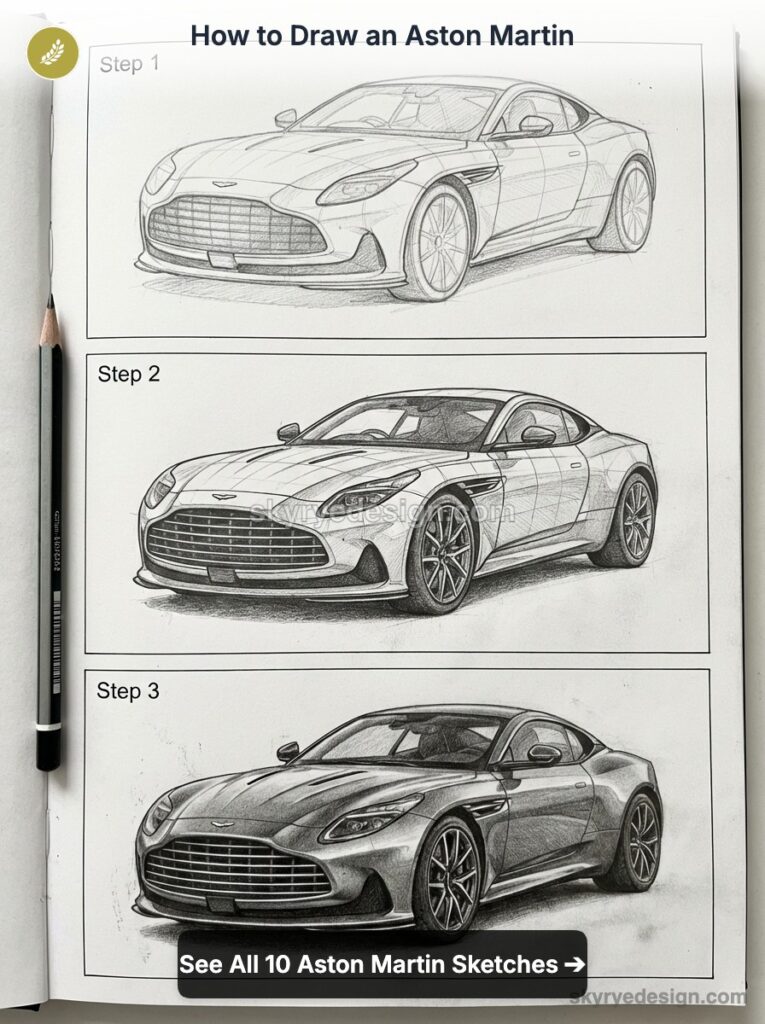 How to draw Aston Martin: three-step pencil sketch tutorial page showing progressive sports car drawings and a pencil