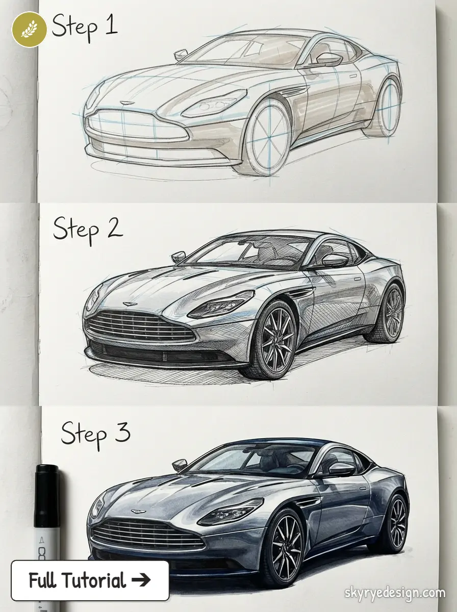 Three-step Aston Martin sports car drawing tutorial: rough layout, refined sketch, and final realistic marker rendering.