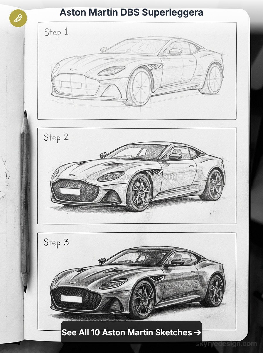 Aston Martin DBS Superleggera pencil tutorial in sketchbook showing step 1-3 progressive car sketches