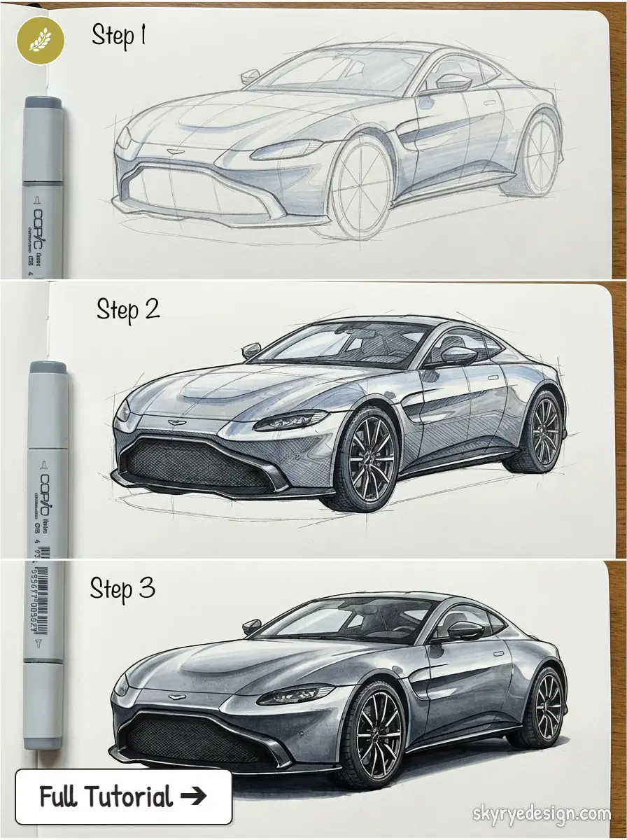 Step-by-step marker car drawing tutorial: sports car sketch refined into a realistic rendered illustration