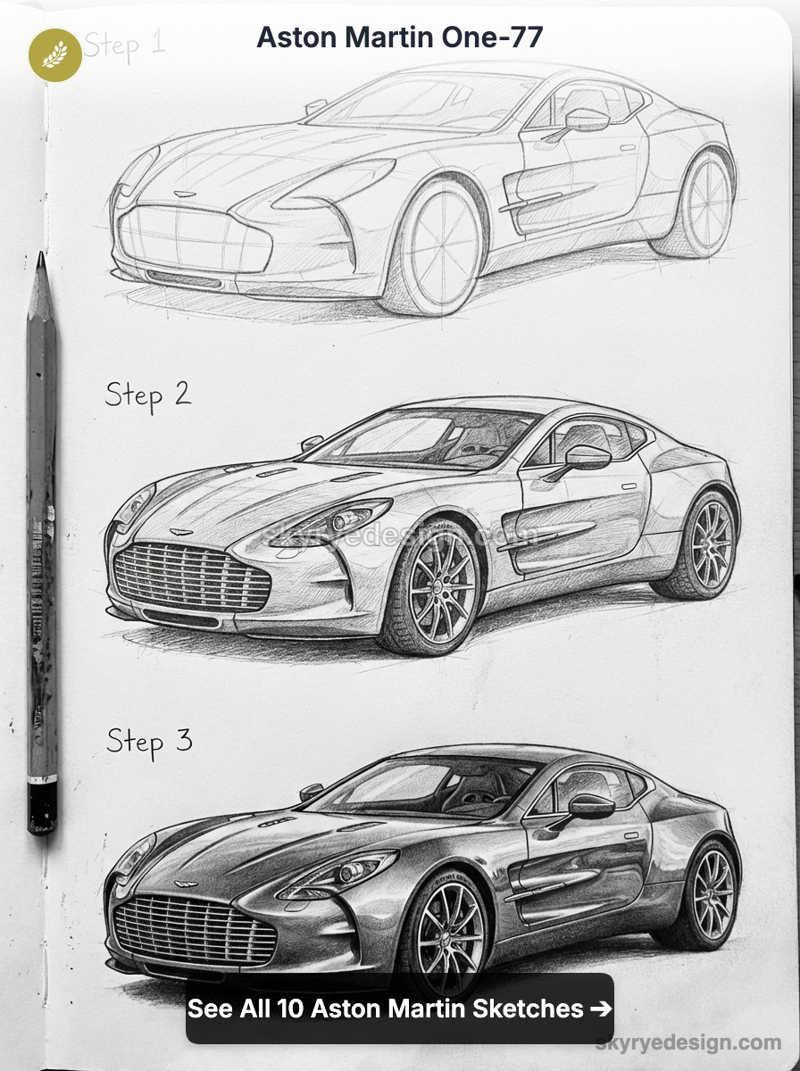 Aston Martin One-77 pencil sketch progression: three-step tutorial showing rough outline to detailed realistic car drawing.