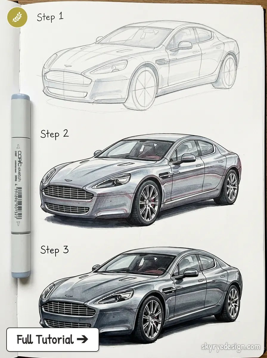 Step-by-step car drawing tutorial: three stages from pencil sketch to detailed colored luxury sports car, Copic marker beside.