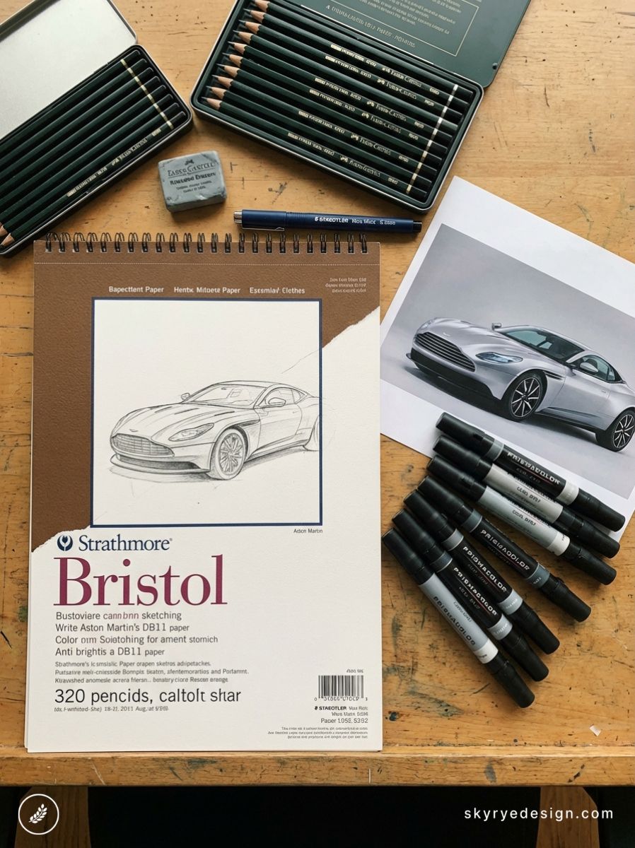 Aston Martin car sketch on Strathmore Bristol pad, artist workspace with graphite pencils, markers and reference photo