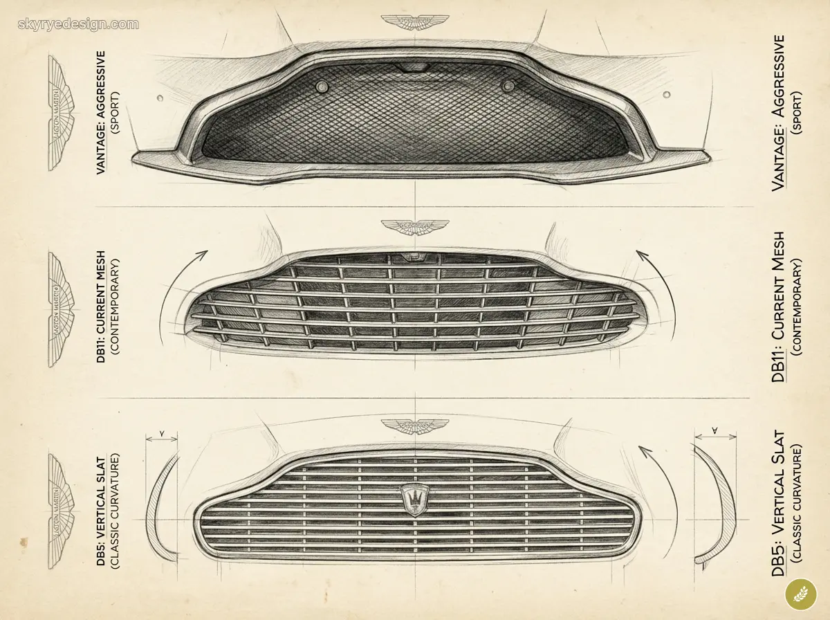 Hand-drawn car grille design sketches: Aston Martin Vantage, DB11, DB5 concepts, pencil technical illustration