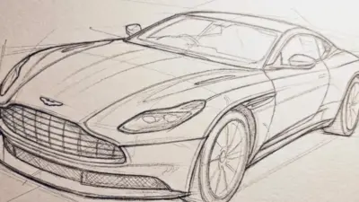 Pencil sketch of luxury sports car, front three-quarter view showing detailed grille, headlights and alloy wheel