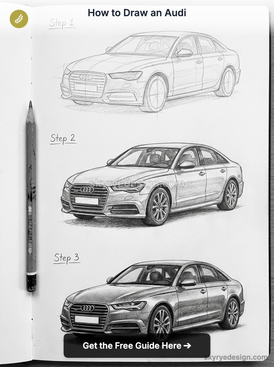How to draw an Audi: step-by-step pencil sketches showing three stages from basic outline to detailed shaded sedan