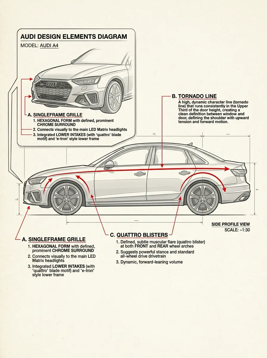 Audi A4 design elements diagram: side profile sketch with singleframe grille, tornado line and quattro blisters annotations.