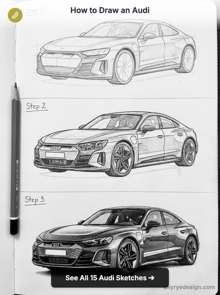 How to draw an Audi: three-step pencil tutorial showing progressive Audi car sketches in a sketchbook with a pencil.