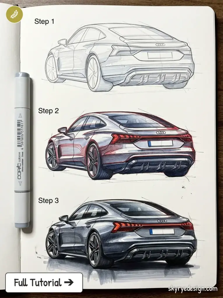 Step-by-step car sketch tutorial: rear three-quarter sedan progress from pencil outline to full marker rendering