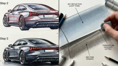 Car design sketch tutorial: rear 3/4 view, shading close-up with labeled reflections and highlight techniques