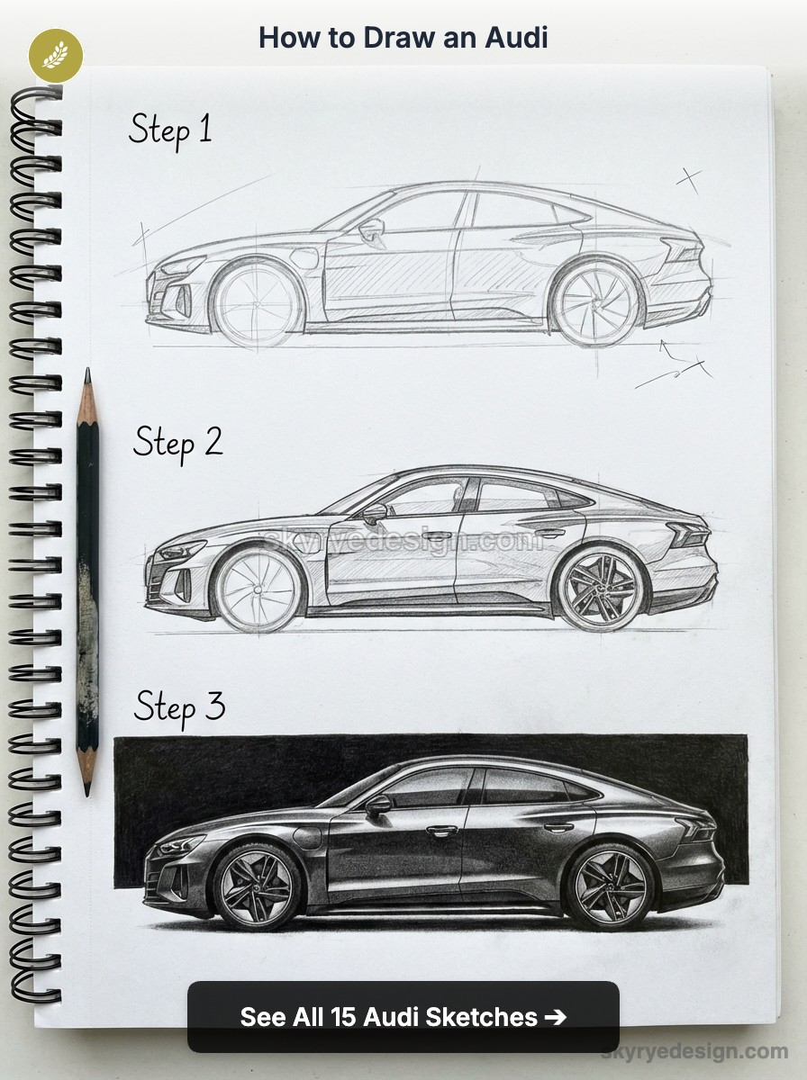 How to draw an Audi: step-by-step pencil sketches showing three stages of a side-profile car drawing in a spiral notebook.
