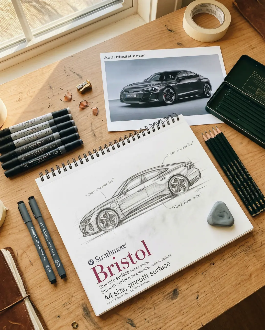 Automotive design sketch on Strathmore Bristol pad with Audi reference photo, pencils, markers and eraser on wooden desk