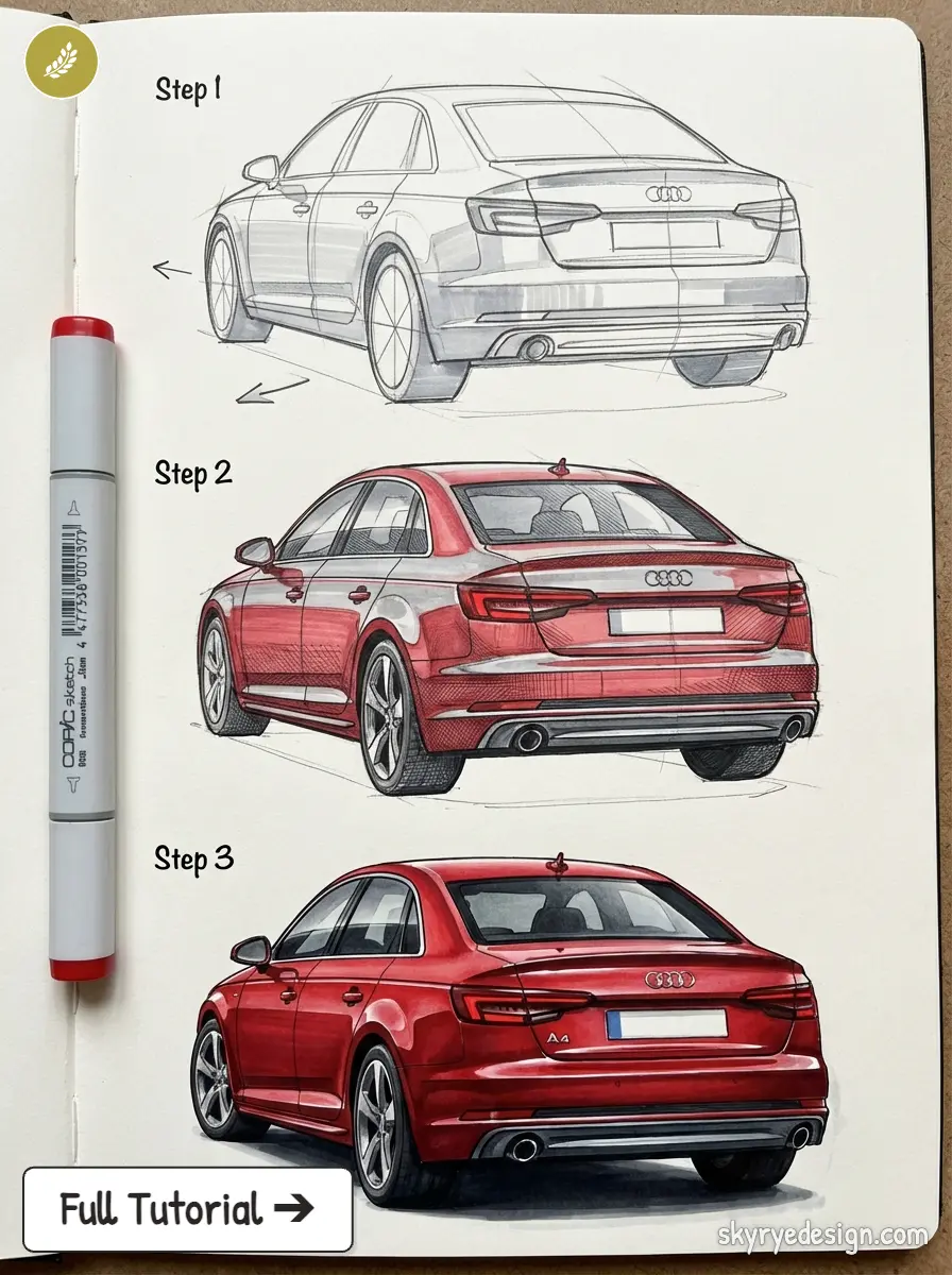 Audi A4 step-by-step rear view drawing tutorial: pencil sketch to realistic red marker illustration