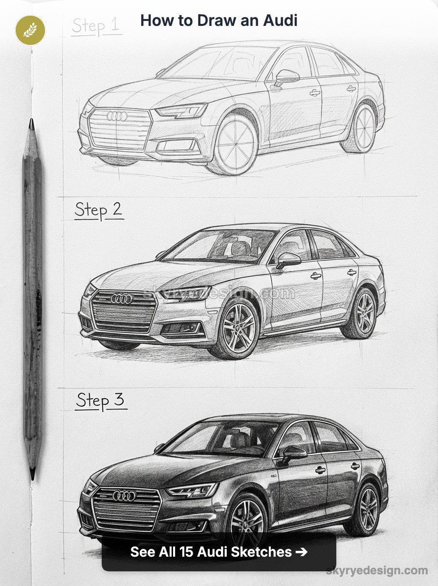 How to draw an Audi: step-by-step pencil tutorial showing three stages from outline to shaded realistic sedan sketch
