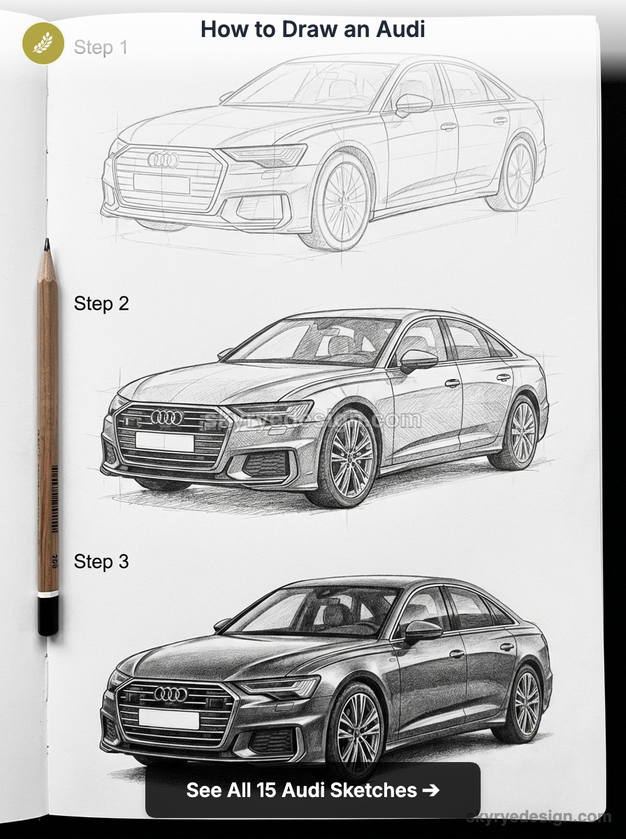 How to draw an Audi: three-step pencil tutorial showing progressive sedan sketches with pencil on paper