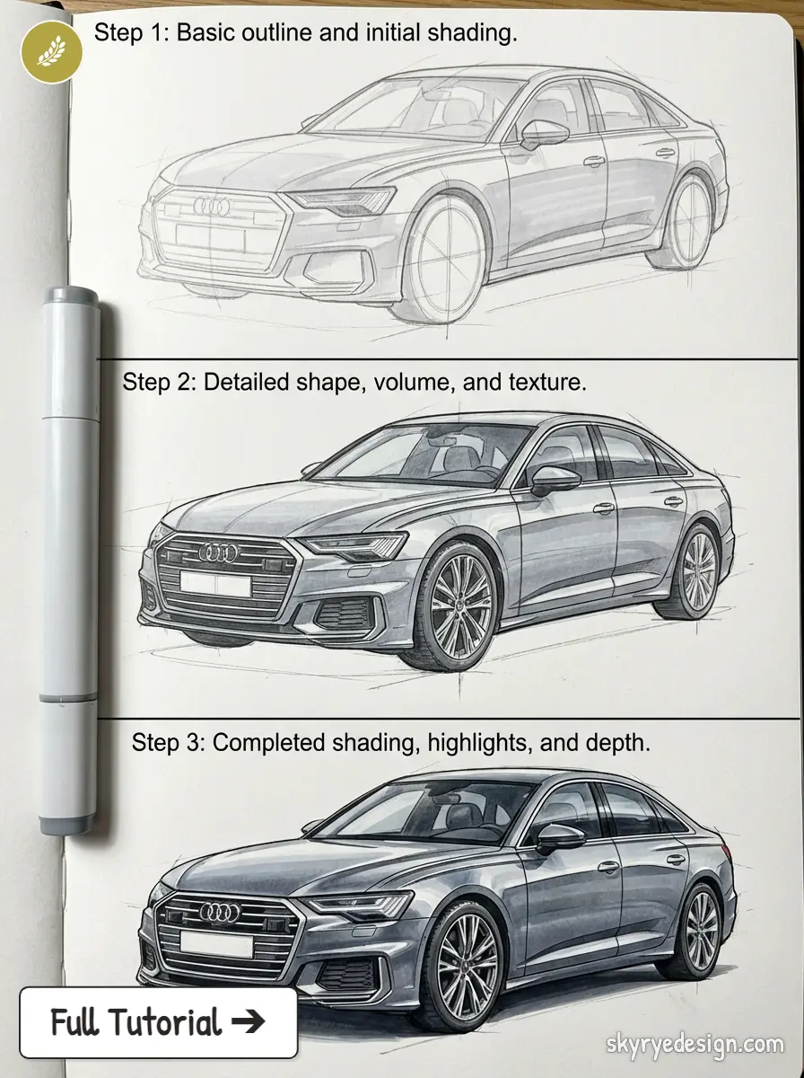 Car sketch tutorial: three-step Audi sedan drawing showing outline, detailed shading, highlights, and final render.